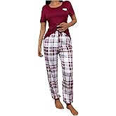 SOLY HUX Women's Pajama Set Heart Print Short Sleeve T Shirt Tops and Plaid Pants Sleepwear Loungewear