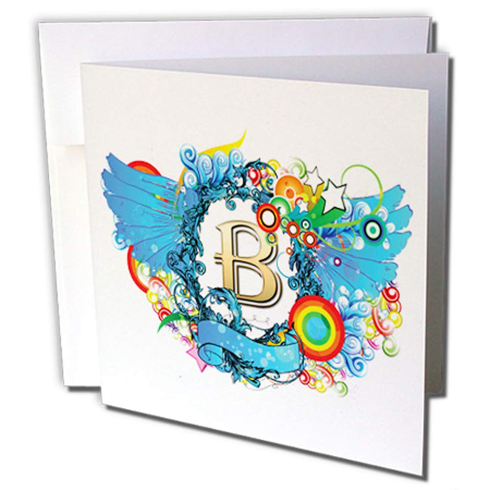 3dRose gc_236112_2 6 x 6-Inch "Blue Wings with a Gold Letter B Monogrammed Center" Greeting Card (Set of 12)