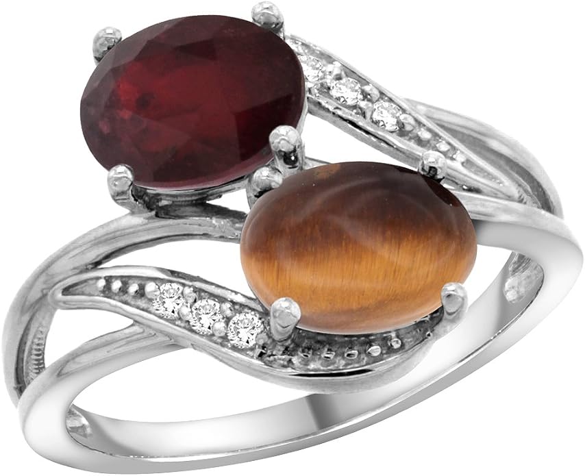 10K White Gold Diamond Enhanced Ruby & Tiger Eye 2stone