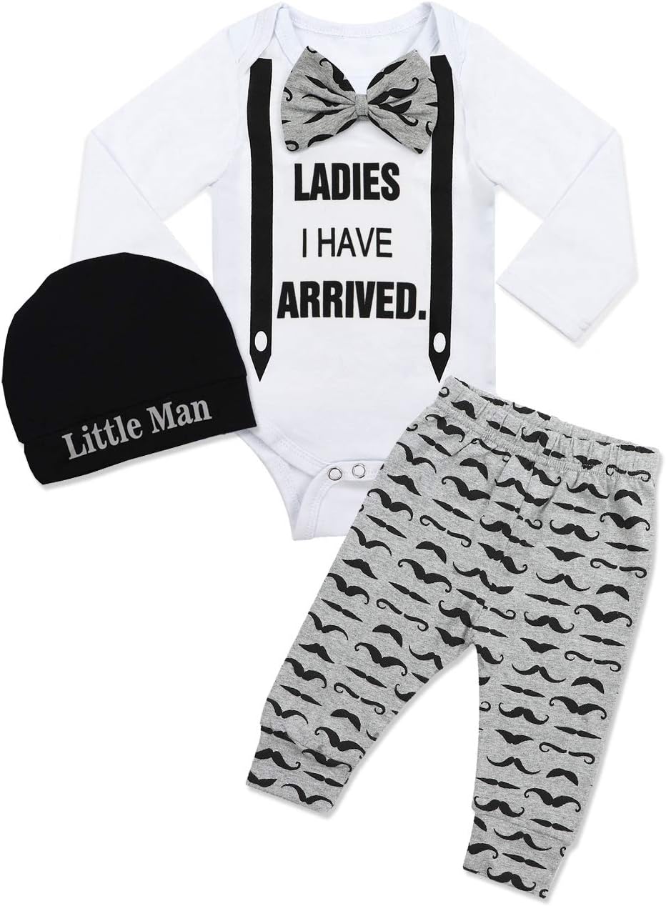 Newborn Baby Boy Clothes Hipster Bowtie Strap Long Sleeve Bodysuit +Moustache Pants+Hat 3Pcs Outfits Set