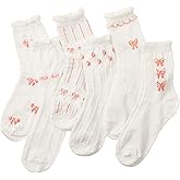 Cutecrop 6 Pairs Cute Coquette Bow Ankle Crew Socks for Valentine Women Lace Ruffles Ankle Casual Sock Edge Spring Daily Wear Gift