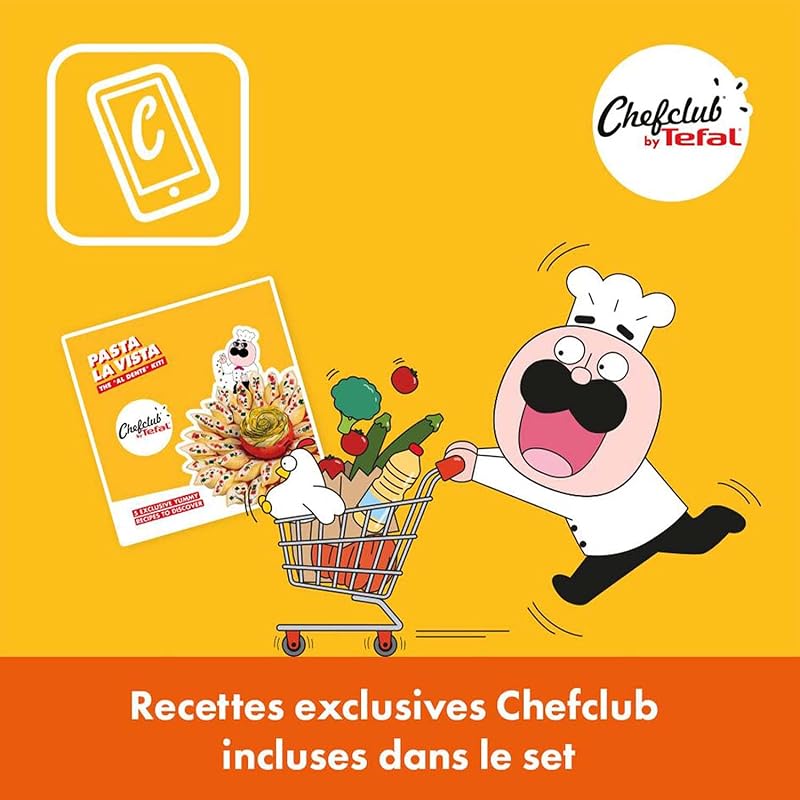 Chefclub by Tefal Set de cuisine Pasta la vista Poêle 28 cm, Faitout 20 cm + couvercle, Couteau cuisine Fresh Kitchen, 2 planches à découper, Livret recette G804S404