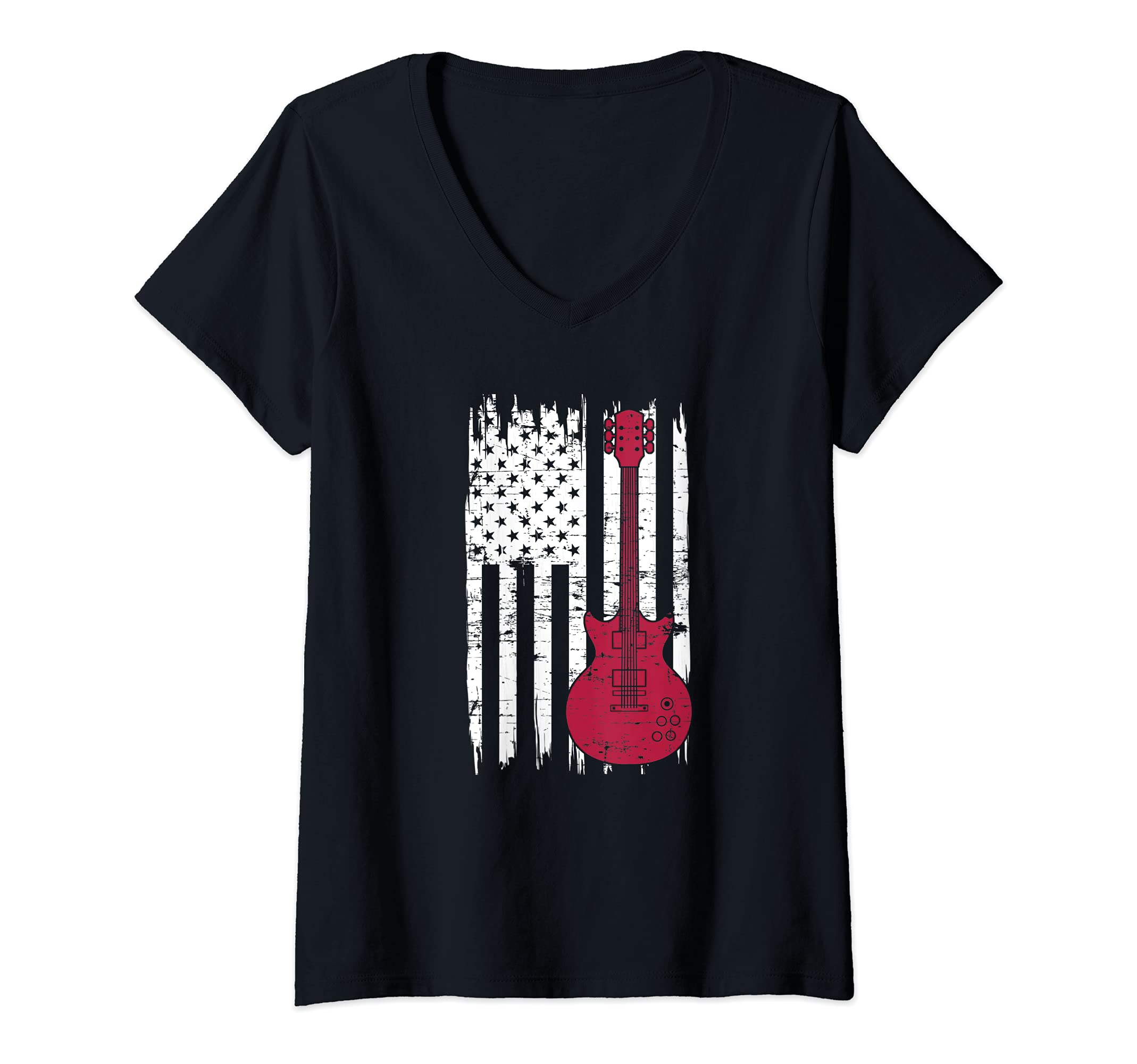 Womens Guitar Player American Pride Guitarist USA Flag Guitar V-Neck T-Shirt