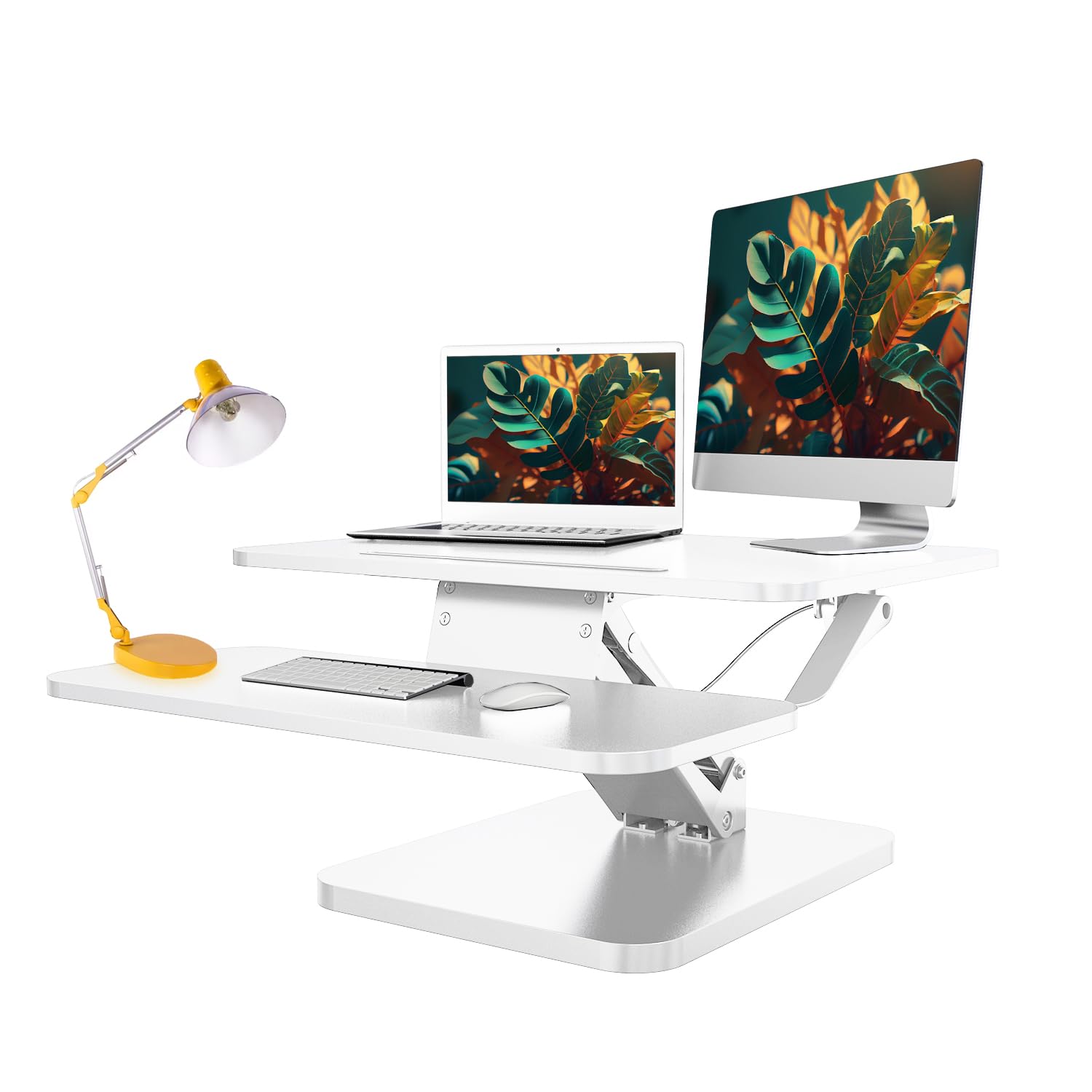 Photo 1 of prontogoods Standing Desk Converter, Stand Up Desk Riser Adapter, Adjustable Dual Monitor Sit Stand Desk Riser for Desktop, Tabletops, Laptop, Gaming – 26", White