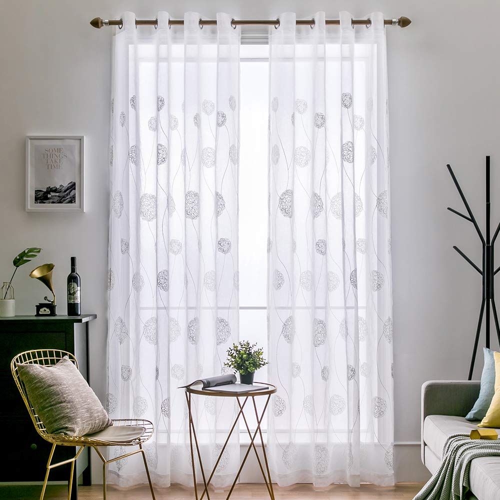 MIULEE White Sheer Curtains with Floral Design Embroidered for Living Room Bedroom 2 Panels of 96 inches Long Boho Curtain Drapes for Light Filtering Grommet Top
