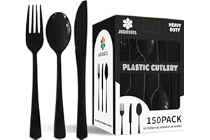 JSQBSECL 150 Pack Plastic Silverware,Disposable Cutlery Set Heavy Duty Utensil Sets 50 Forks 50 Knives 50 Spoons for Brithday, Wedding,Home Office School Party Picnics (Black)