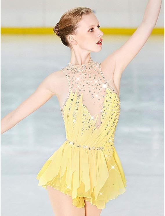 Amazon Co Jp フィギュアスケートドレス女性 女の子のアイススケートドレス黄色オープンバックスパンデックス競技スケート ウェア手作りノースリーブアイススケートウィンタースポーツ 服 ファッション小物