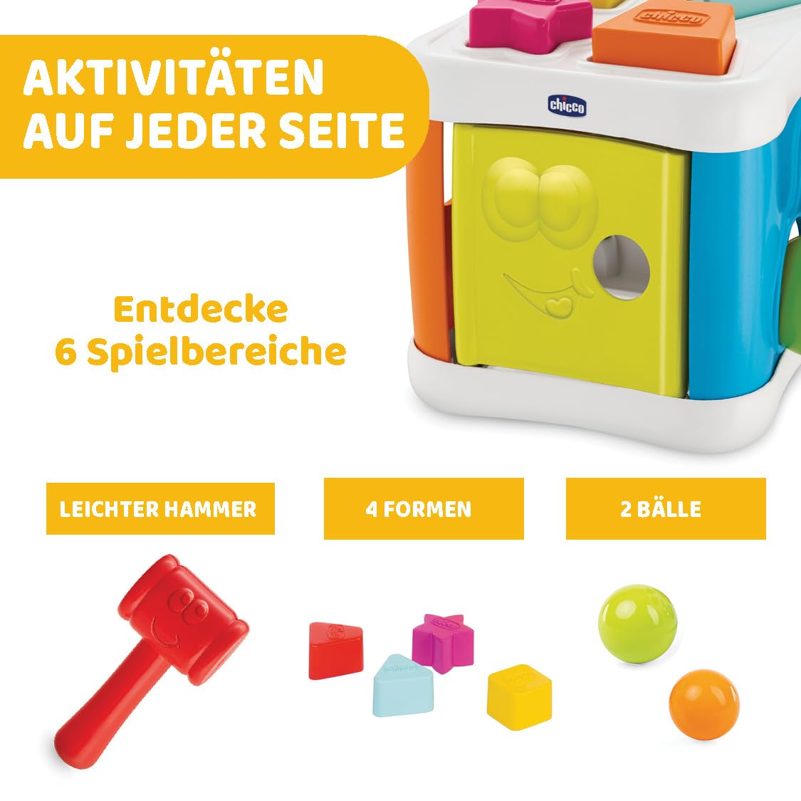 Chicco 2 IN 1 SORTIER & SCHLAGWÜRFEL, Sortieraktivität mit 4 Formen auf Zwei Würfelseiten mit Hammer für 2 Kugel, bunt, 10M+ 3