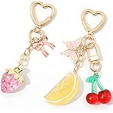 Tizee 2Pcs Fruit Keychain Set – Cherry Lemon Strawberry Bag Charms, Kawaii Key Chains for Handbag Car Keys and Purse Decor