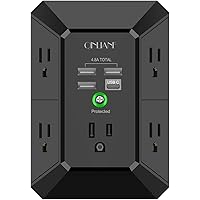 USB Wall Charger, Surge Protector, QINLIANF 5 Outlet Extender with 4 USB Charging Ports ( 4.8A Total) 3-Sided 1680J…