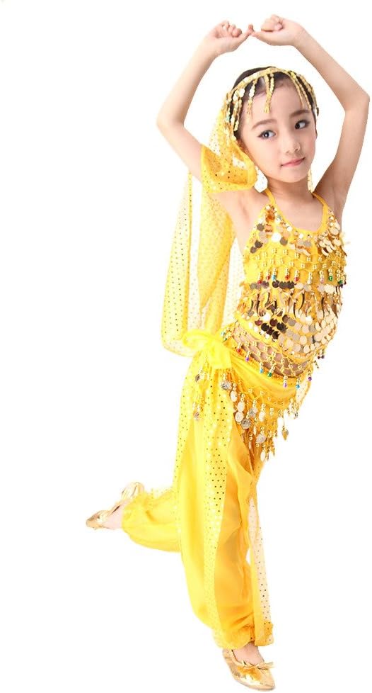 SymbolLife Kids Belly Dance Costume, Girls Children Elegant Belly Dance Costume Set Performance Dress Outfit Shiny Top + Pants