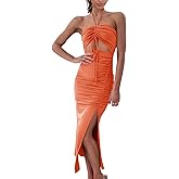 Heysolo Women Summer Cut Out Dresses Backless Halter Neck Side Slit Backless Sleeveless Ruched Party Club Dress