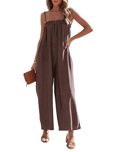 ONEDREAMER WOMENS ONE PIECE JUMPSUITS CASUAL SLEEVELESS WIDE LEG DENIM ROMPER LOOSE SPAGHETTI STRAP JUMPSUIT WITH POCKETS, SMALL, BROWN