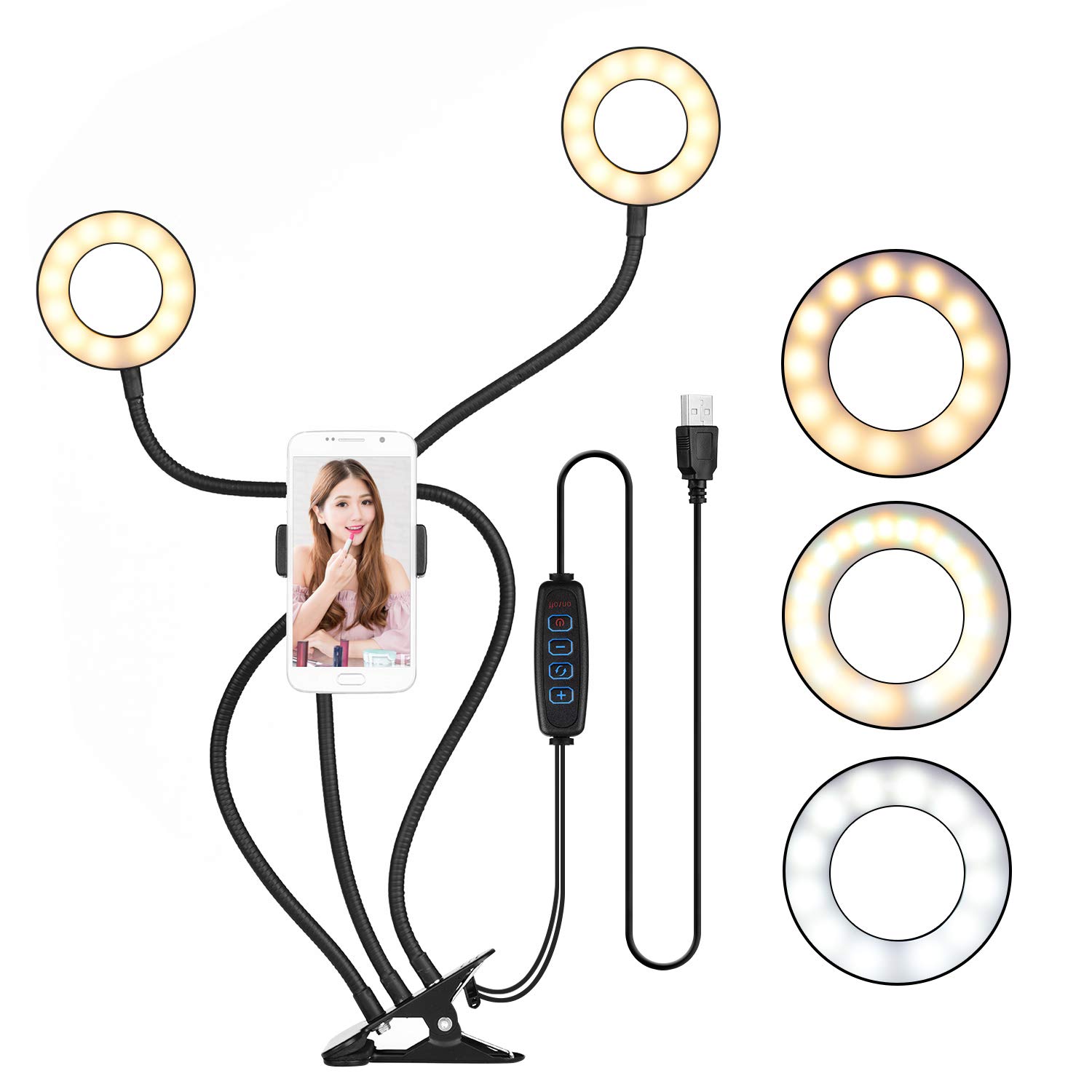 Andoer Selfie Ring Light for Phone with Phone Holder Stand for Live Stream Makeup LED Clip On Desk Lamp Mini USB Filming Lights Compatible with iPhone Android Smartphone