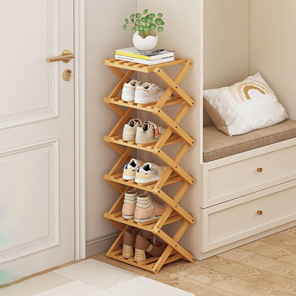 Photo 1 of YYW Shoe Rack, Foldable Bamboo Shoes Shelf, Freestanding Shoe Storage Organiser for Entryway, Hallway, Bedroom, Closet (Wood Color, 6 Layers)