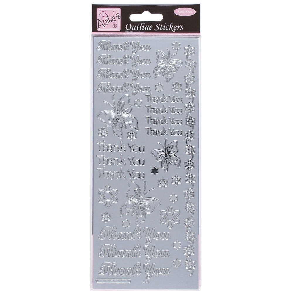 Anitas Outline Stickers, Thank You, Silver, For Scrapbooking, Card Making, Kids Play, Homework, Art, Craft, Embelish, Decorative, Paper, Card, Glass, Metal, Plastic, Foam — image 1
