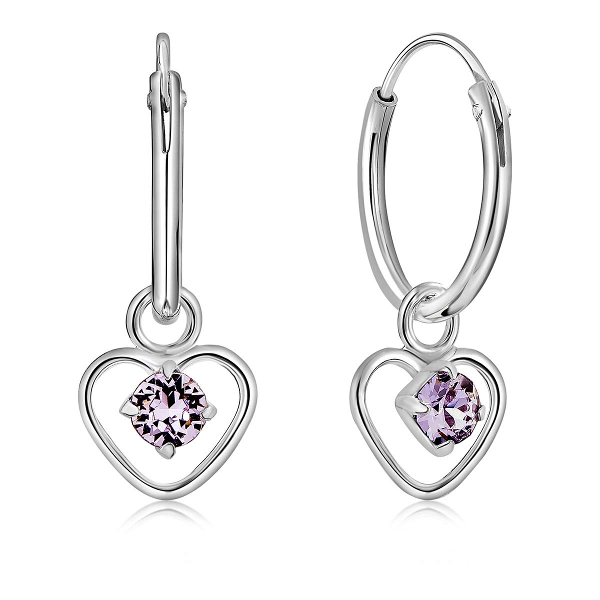 925 Sterling Silver Small Hoops Earrings with Dangling Heart in Glittering Crystals 3 mm - Heart Earrings Violet Colour - Thickness 1.2 mm - Diameter: 12 mm