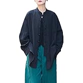 Women's Linen Shirts Oversized Blouses Vintage Long Sleeve Cropped Jackets Loose fit Chinese Frog Button Cape Trench Tops
