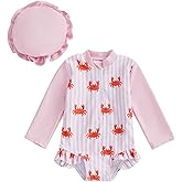 Fernvia Toddler Baby Girl Swimsuit Long Sleeve One Piece Rash Guard Ruffle Zipper Swimwear with Hat
