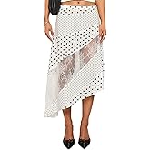 Women Lace Maxi Skirt Low Waist Asymmetrical Hem Patchwork Flowy Midi Skirt
