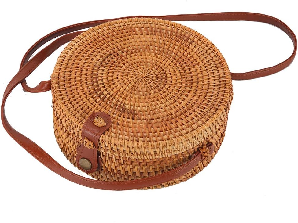 Rattan Bag - Straw Bag - Round Rattan Crossbody Bag with Leather Strap for Women