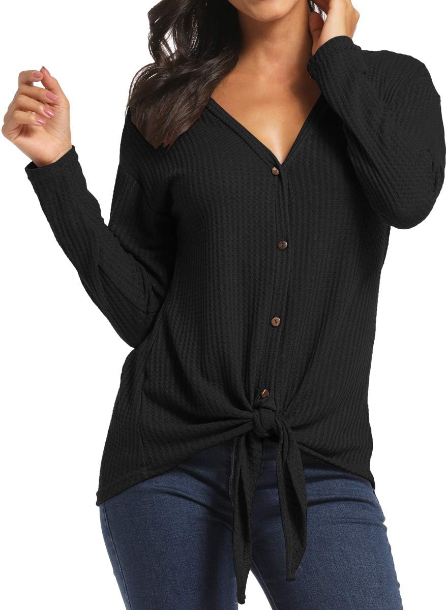 Women's Casual Button Down Front Knot Knit Sweaters Shirts Henley Long Sleeve V Neck Tunic Blouse Tops