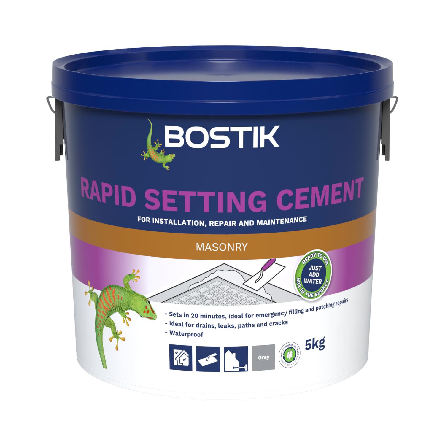 Bostik Rapid Setting Cement 5kg - Fast-Setting 20 Minute Waterproof Repair Mortar - Ready Mixed, Just Add Water - Strong & Durable - For Drain Repairs & Concrete Fixing - Indoor & Outdoor Use