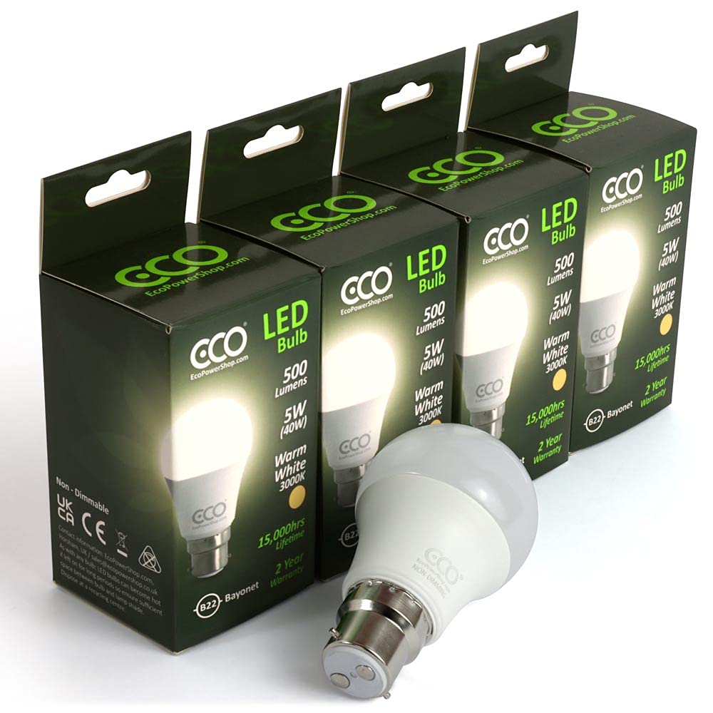 ECO 40W 2 Pin Bayonet B22 Energy Saving LED Light Bulbs, Low Energy 5W LED, Bright 500 Lumens, 15,000Hrs Lifetime.