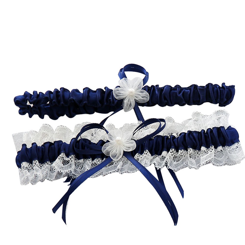 Awtlife Royal Blue Lace Wedding Garters with Toss Away Flower Decor