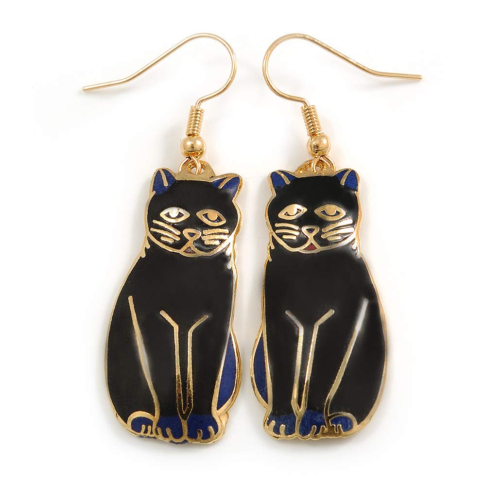 Black/Blue Enamel Cat Drop Earrings In Gold Tone Metal - 50mm Long