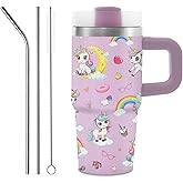 14 oz Unicorn Tumbler with Handle and Straw for Kids, Insulated Stainless Steel Unicorn Cup for Girl, Birthday Gifts for Women Kids Girls