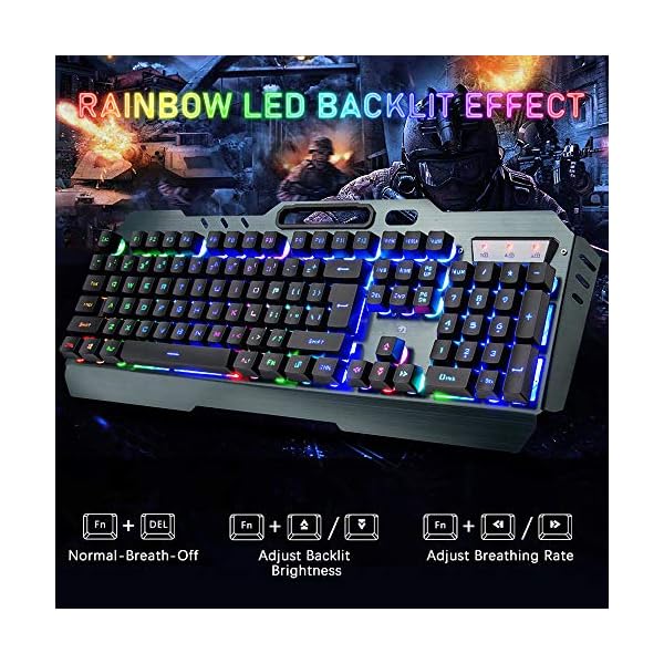 Wireless-Gaming-Keyboard-and-Mouse-Set-24G-Rechargeable-3800mAh-Large-Capacity-Rainbow-LED-Backlit-Mechanical-Feel-Gaming-Keyboard-with-Smart-Sleep2400DPI-7-Colors-Breathing-Backlit-Mouse-Black Wireless Gaming Keyboard and Mouse Set, 2.4G Rechargeable 3800mAh Large Capacity, Rainbow LED Backlit Mechanical Feel…