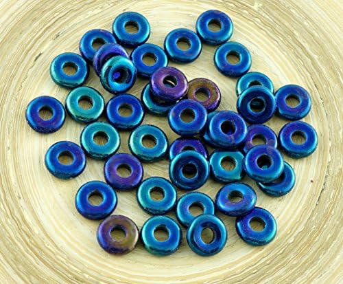 20pcs Metallic Blue Iris Czech Glass Flat Ring Beads O Shaped Large Hole Donut 8mm