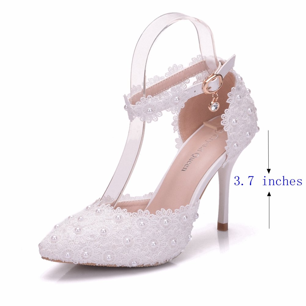 Women High Heels Sandals White Lace Pearls Wedding Shoes Pointed Toe Bridal Shoes - Image 3