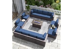 Delnavik 15 PCS Patio Furniture Set with Fire Pit Table Outdoor Sectional Furniture Outdoor Rattan Patio Sofa Conversation Sets with 43in 55,000 BTU Propane Gas Fire Pit Table, Navy Blue