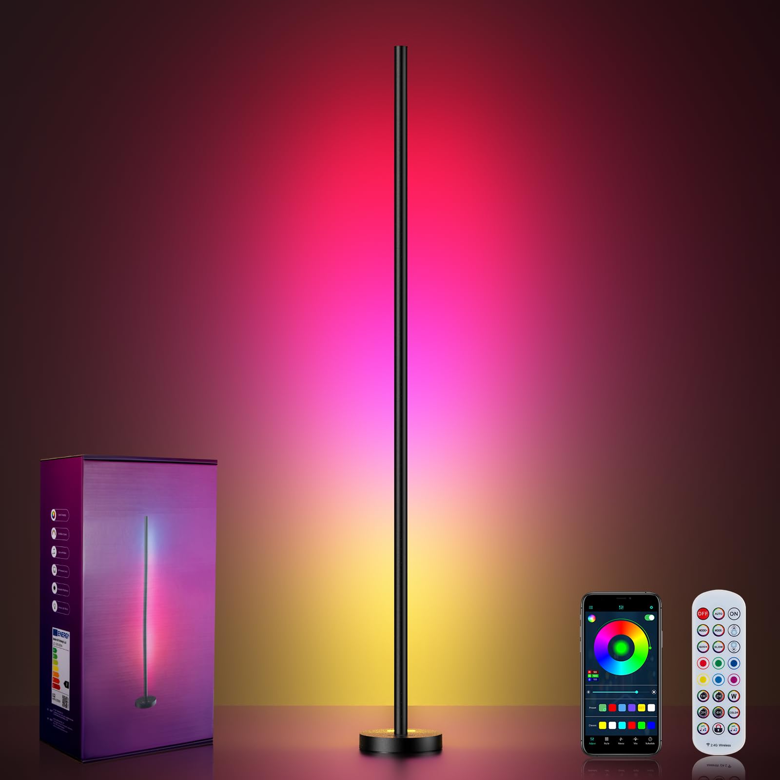 Photo 1 of **NO REMOTE**OIYN Smart RGBICW LED Corner Floor Lamp - 16 Million DIY Colors, 68+ Scenes, Music Sync, App & Remote Control, Color-Changing Ambient Lighting for Living Rooms, Bedrooms, and Gaming Rooms