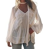 Lordree Women Ruffle Flowy Blouse Flare Sleeve Sheer Mesh Shirt Chiffon Frill Trim Layered Long Sleeve Tops Streetwear