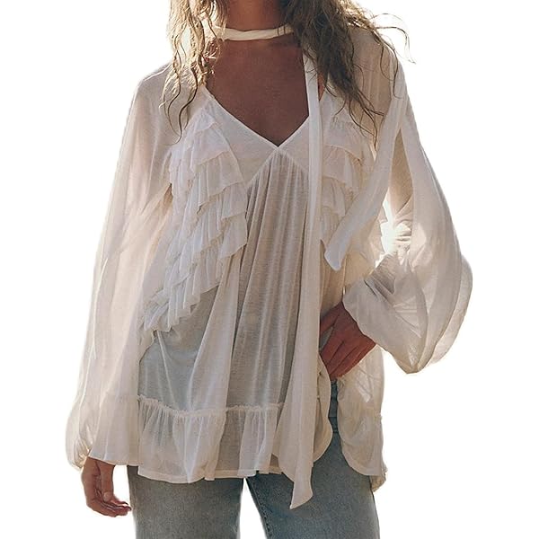 LETSVDO Women's Ruffle Chiffon Tops Puff Sleeve Sheer See Through