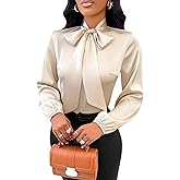 Sewius Women's Satin Tie Neck Blouse Long Sleeve Elegant Work Shirt Top Beige X-Large