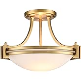 TEENYO 12-Inch Brass Semi Flush Mount Ceiling Light Milk Glass Light Fixture Mid Century 2-Light Gold Glass Ceiling Light for