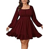 SHESTARR Womens Plus Size Dress Long Lantern Sleeve Square Neck Elastic Waist A-Line Mini Short Dress
