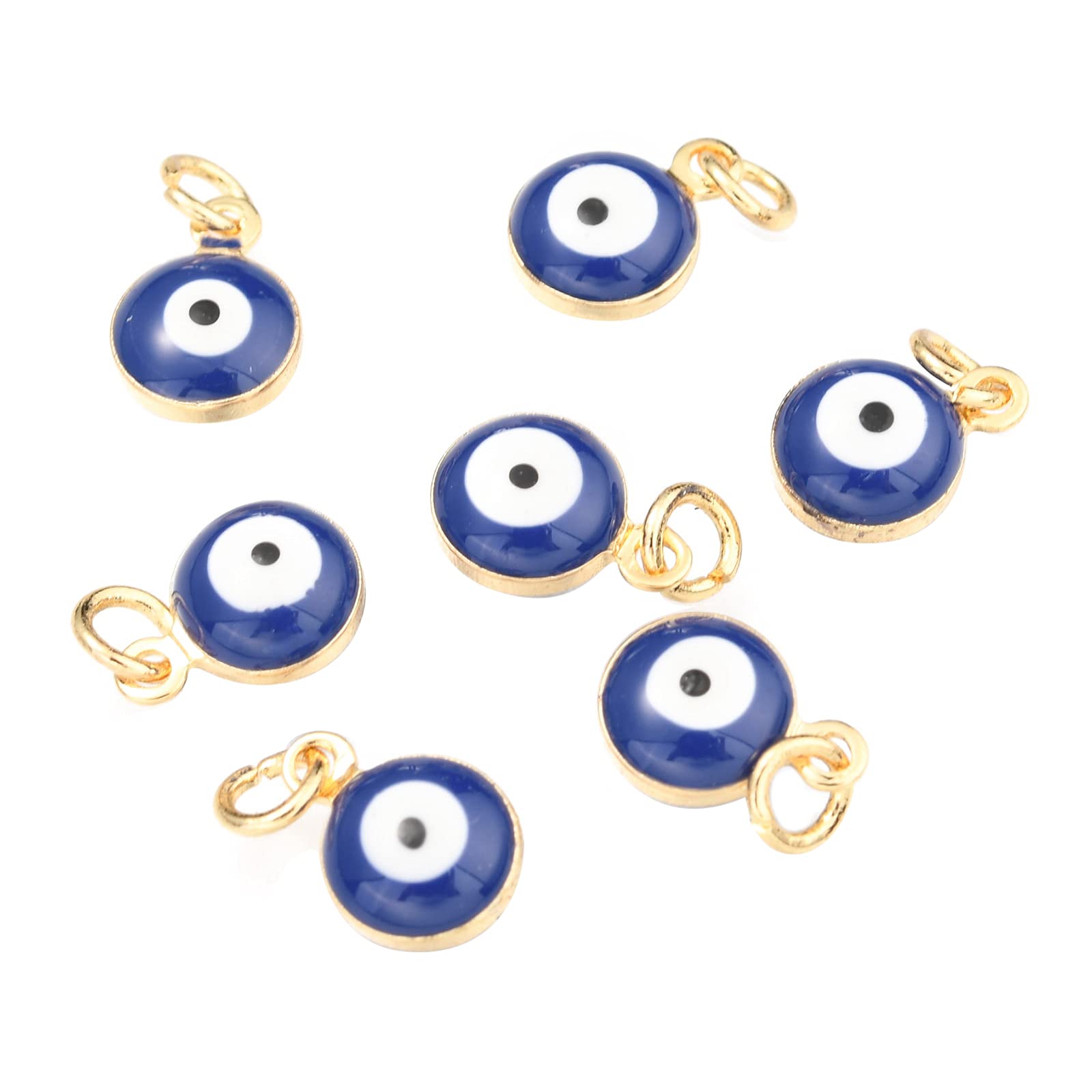 BEEFLYING 50pcs Colorful Evil Eye Charm Eyes Shape Brass Enamel Beads Flat Round Evil Eye with Jump Rings for Jewelry Making DIY