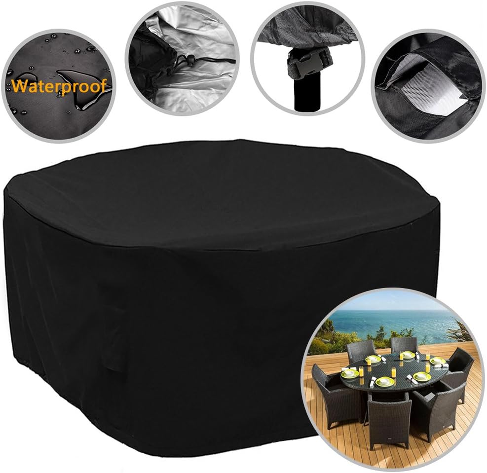 FIDOOVIVIA Garden Furniture Cover Round Garden Table Cover 420D Heavy Duty Round Patio Set Cover 185x110cm