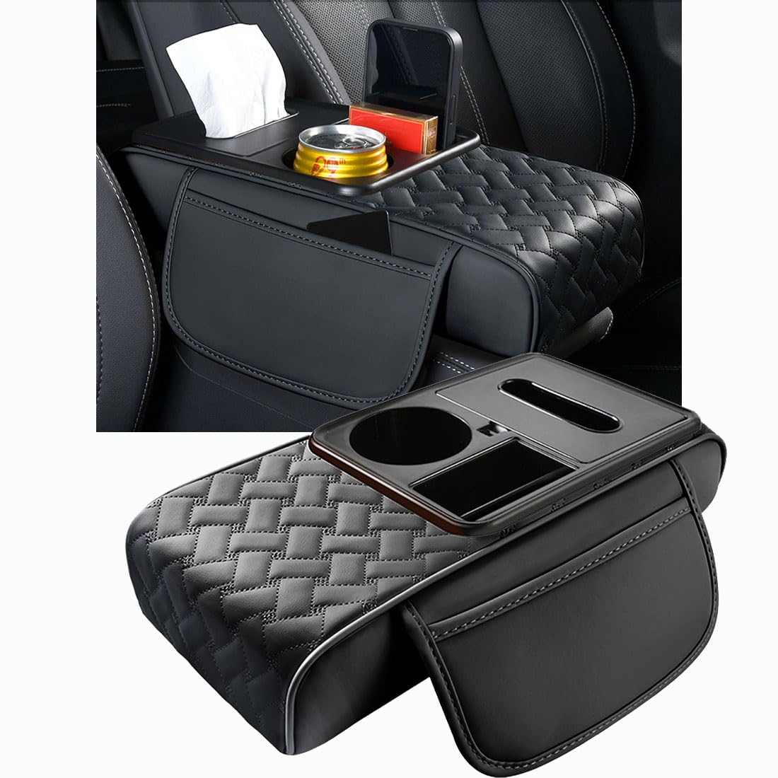 Photo 1 of Arm Rest Cover for Car 6.3" Narrow Style,6-in-1 Microfiber Leather Center Console Cover with 2 Storage Bags Cup Holder, Tissue Box Slot, Phone Slot,Universal Accessories Interior Organizers (Black)