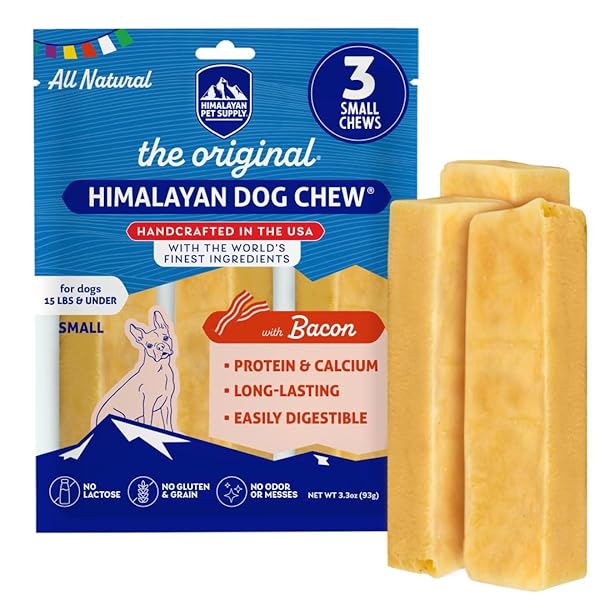 HIMALAYAN CHEW ORIGINAL YAK CHEESE CHEW, BACON, 3 SMALL STICKS, 1.1 OZ, GLUTEN FREE, HEALTHY TREATS, GRAIN & LACTOSE FREE 100% NATURAL, LONG LASTING CHEWS FOR S UNDER 15 LBS
