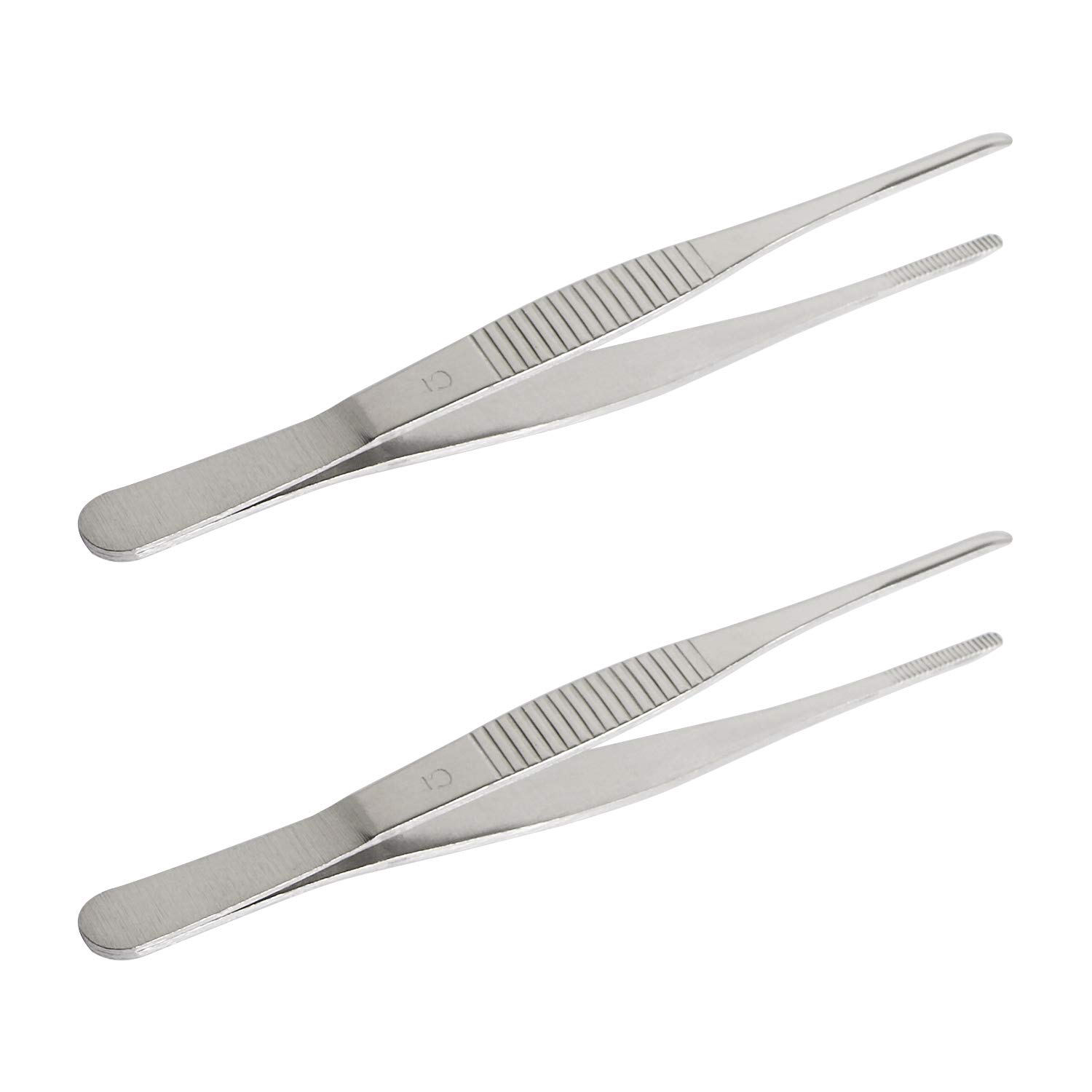 Aoje-Link Stainless Steel Straight Blunt Tweezers, with Precision Horizontal Serrated Tips, Used for Repairs, Barbecues, Auxiliary Tools, Silver, 2pcs