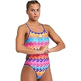 ARENA Performance Women's Reversible Challenge Back Athletic Swimsuit MaxLife One Piece Training Suit, Neon Blue/Multi