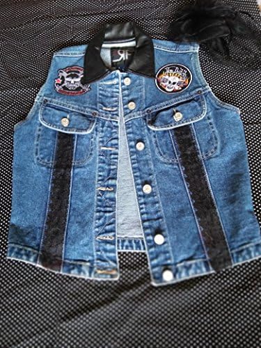 Denim Jean Vest Small Skull Patches Faux Leather Collar Lace Accent Front