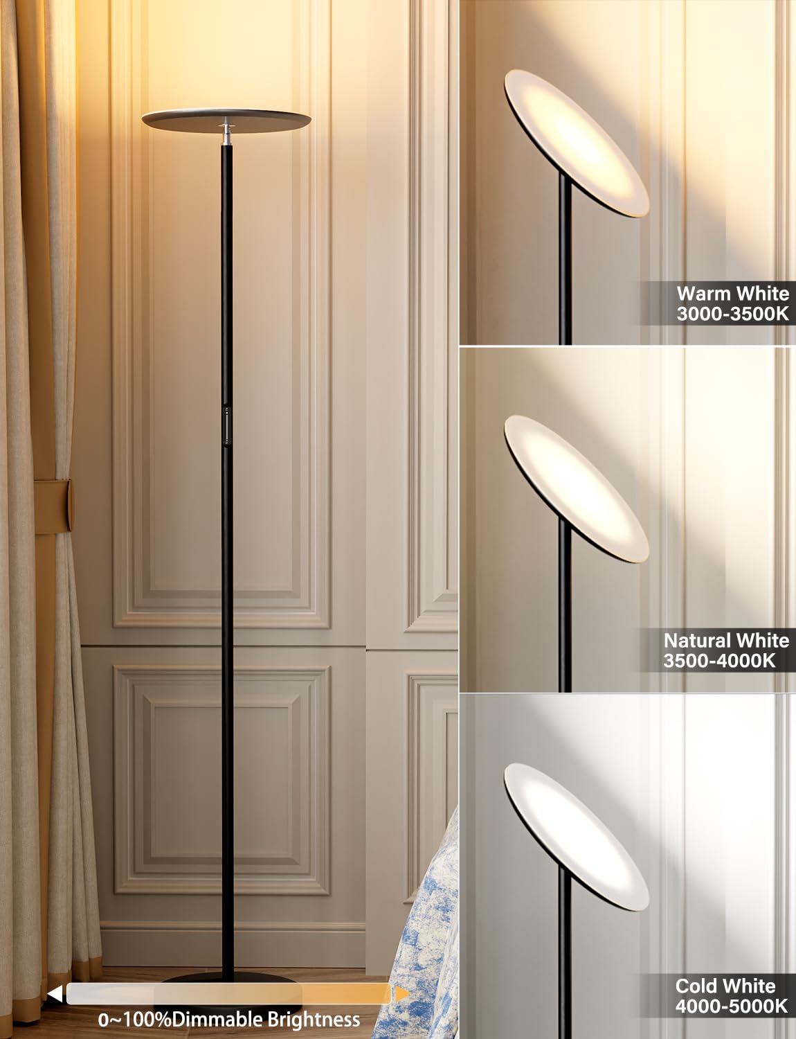 Modern LED Floor Lamp - Remote & Touch Control, 40W/2400LM Sky Torchiere Standing Lamp, Fully Dimmable, 3 Color Temperatures, Ideal for Living Room & Bedroom, Easy to Assemble