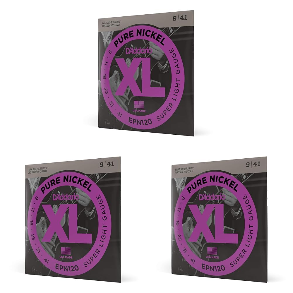 D'Addario Guitar Strings - XL Pure Nickel Electric Guitar Strings - Round Wound - Warm, Bright, Vintage Sound - EPN120 - Super Light, 9-41 (Pack of 3)